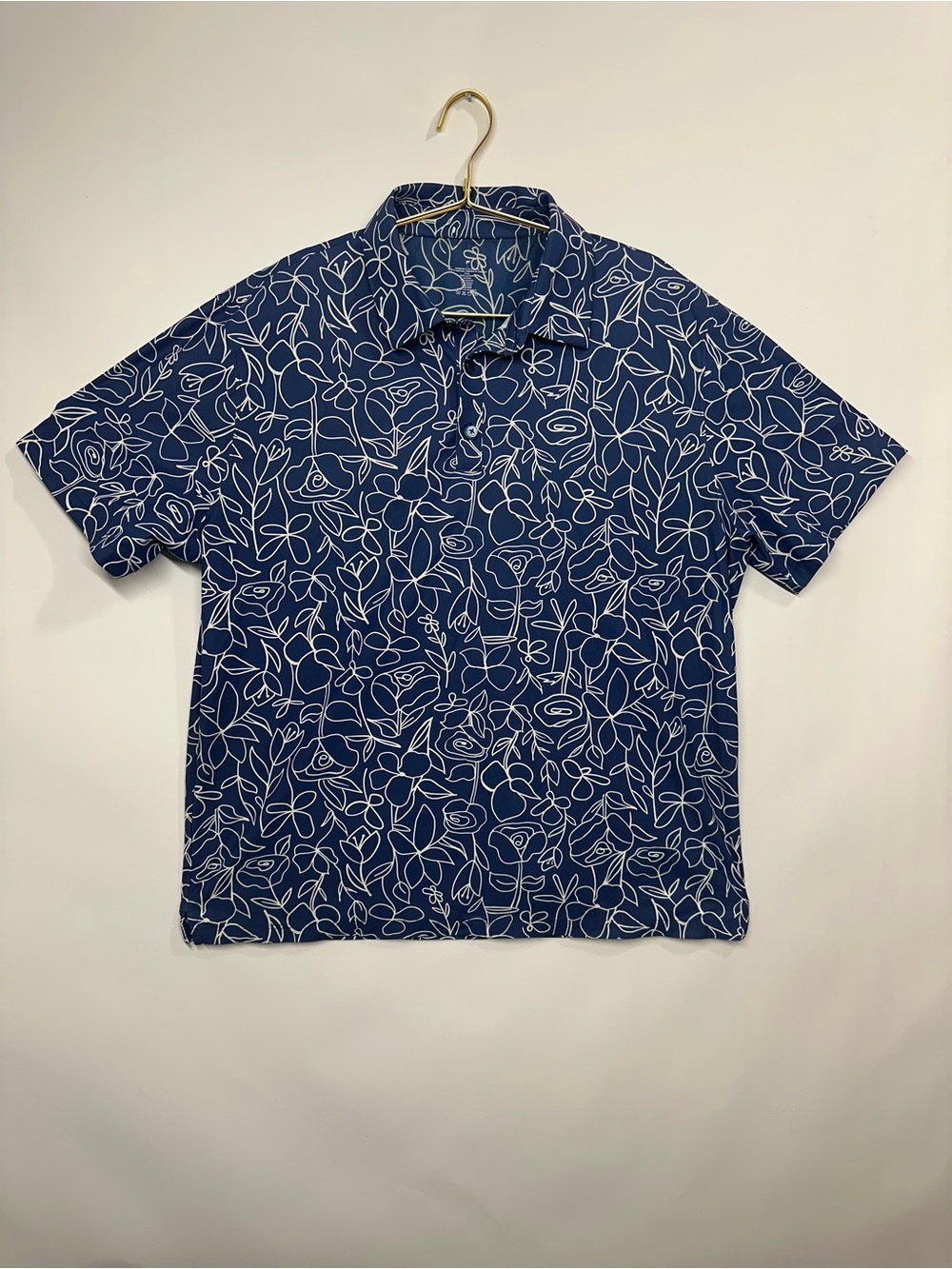 Fabletics Mens Polo Shirt Large Navy Blue White Floral Performance Golf Stretch